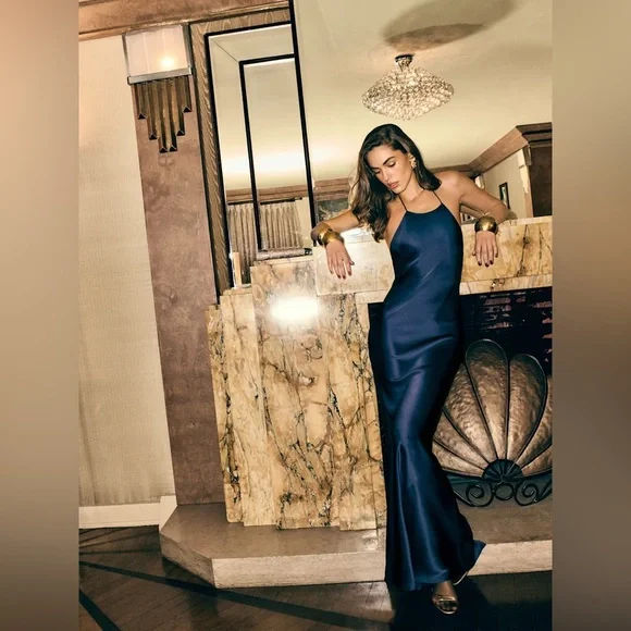 NEW Reformation Jeany Silk Long Dress Backless Formal Navy | Size M - Picture 2 of 13